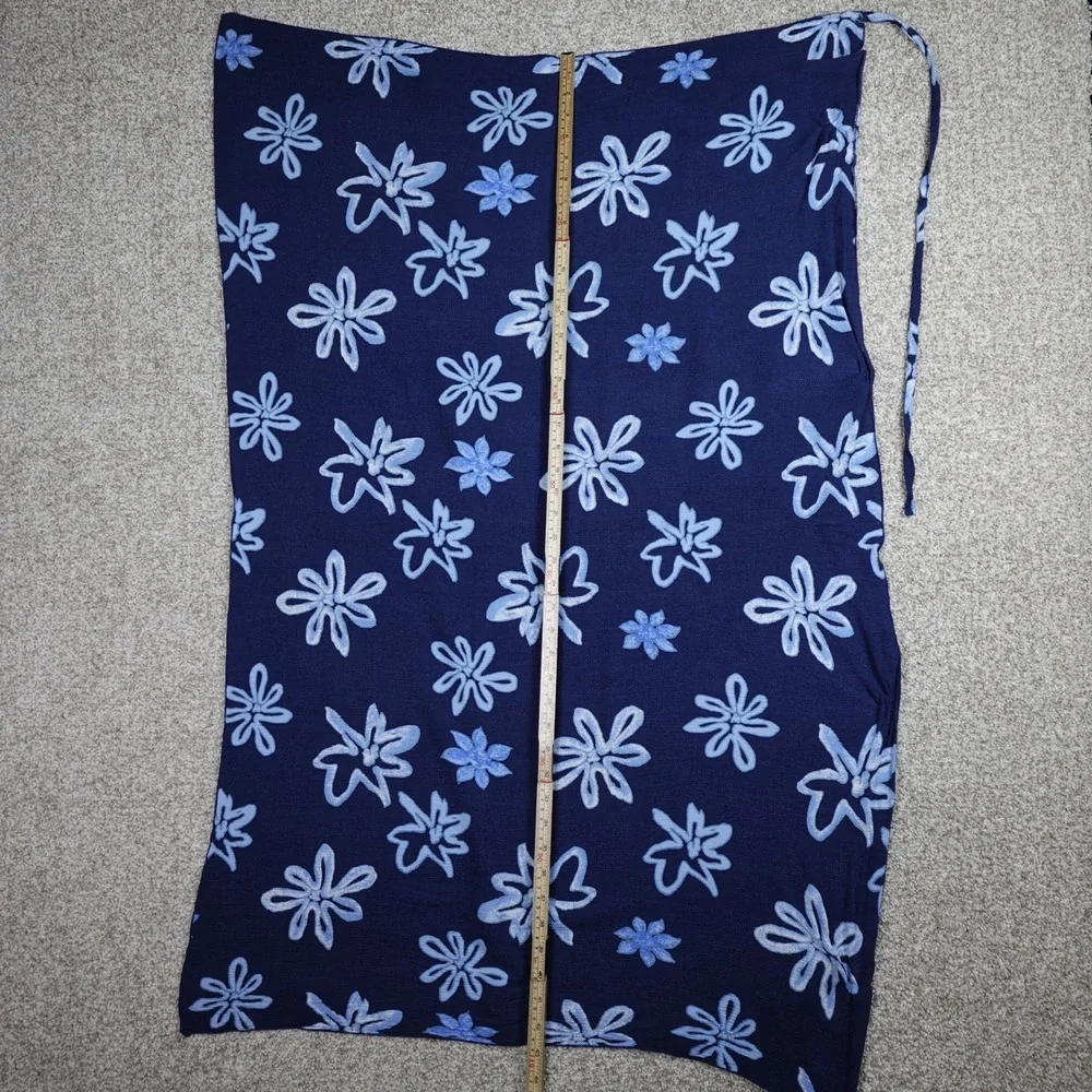 Blue Linen Blend Floral Sarong Wrap Skirt Beach Coverup Navy Light Blue Tropical